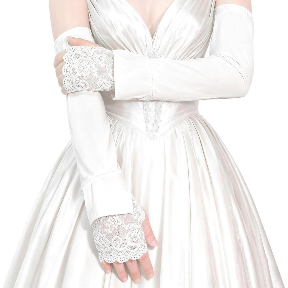Women's White-01 Fingerless Lace Arm Sleeves Gloves Wedding Dress Party Prom